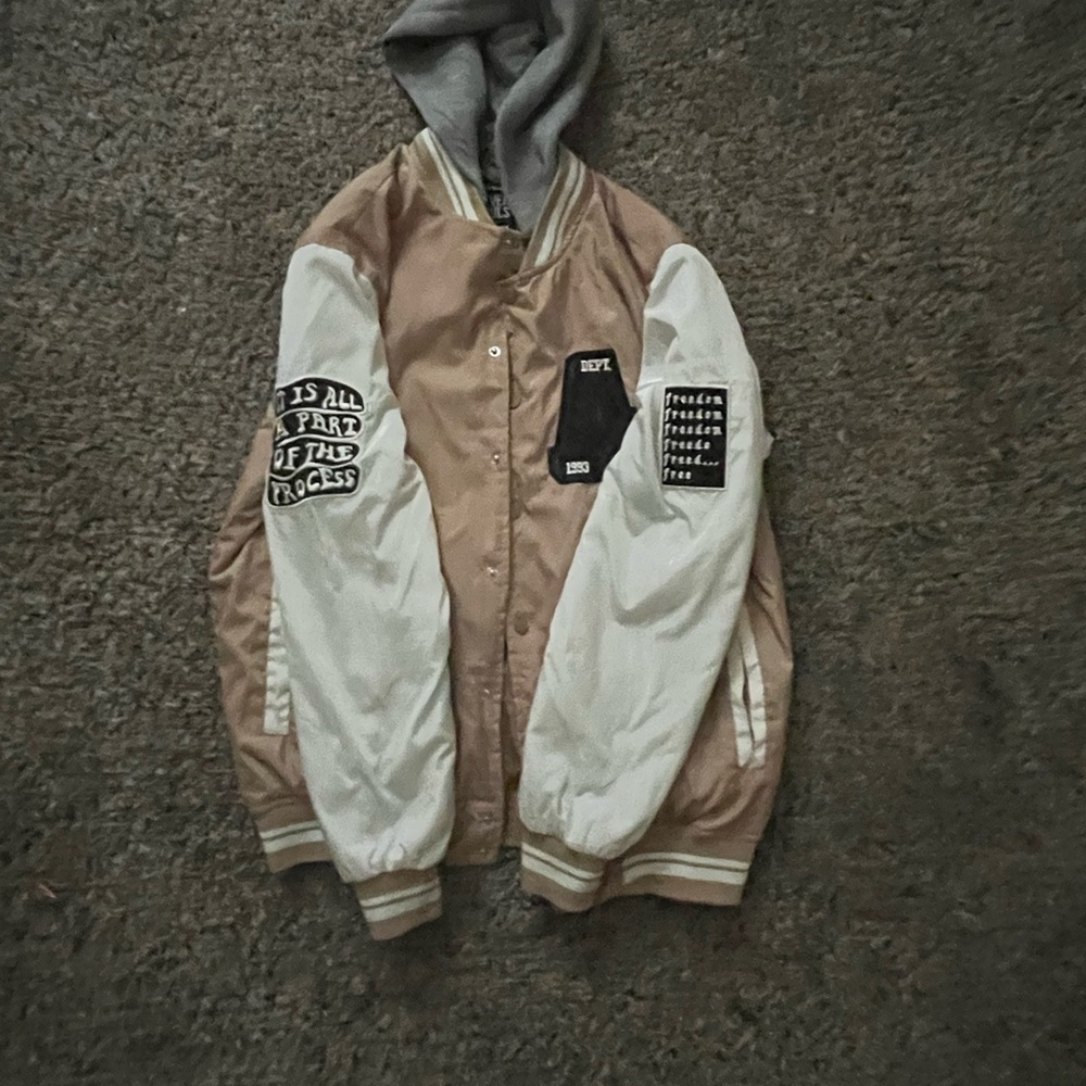 Tan and White Bomber Jacket with Sporty Patches